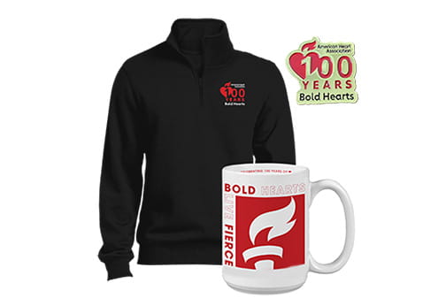 collage image with AHA quarter zip fleece and AHA coffee mug and AHA 100 years pin