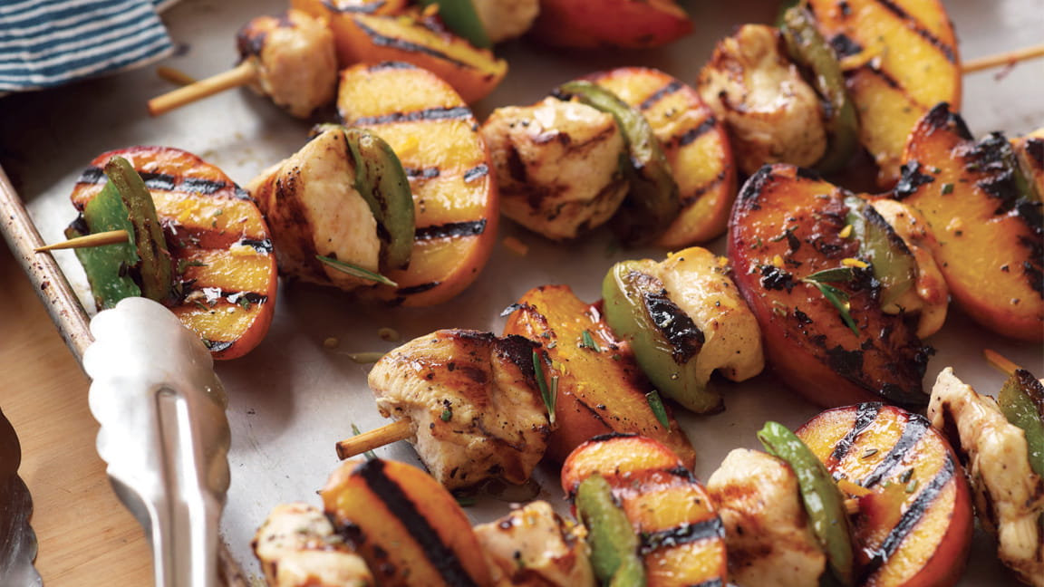 Rosemary-Peach Chicken Kebabs with Orange Glaze